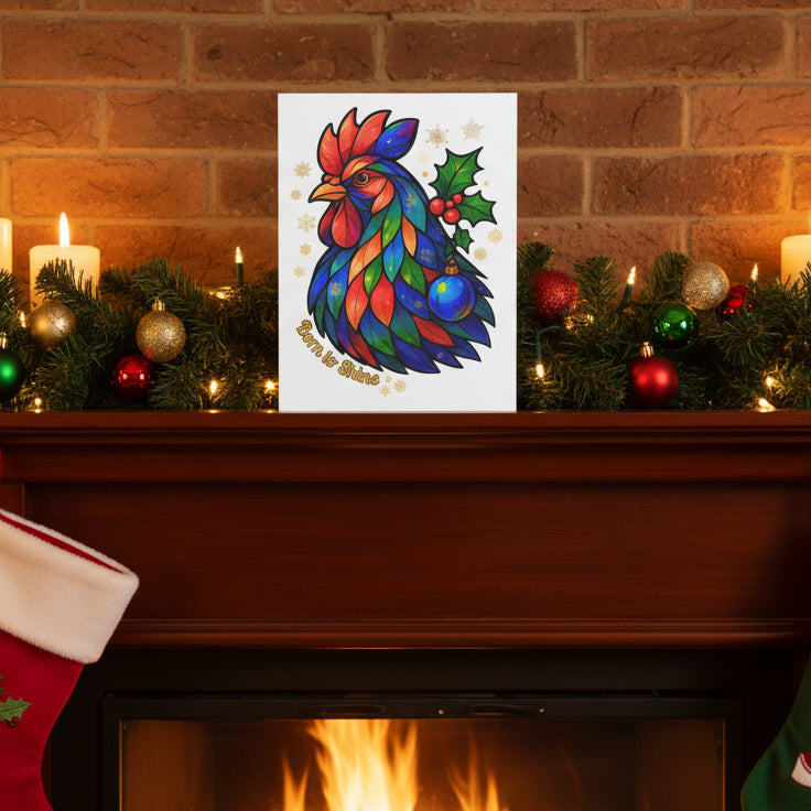 Colorful rooster design with holly and berries on a white background