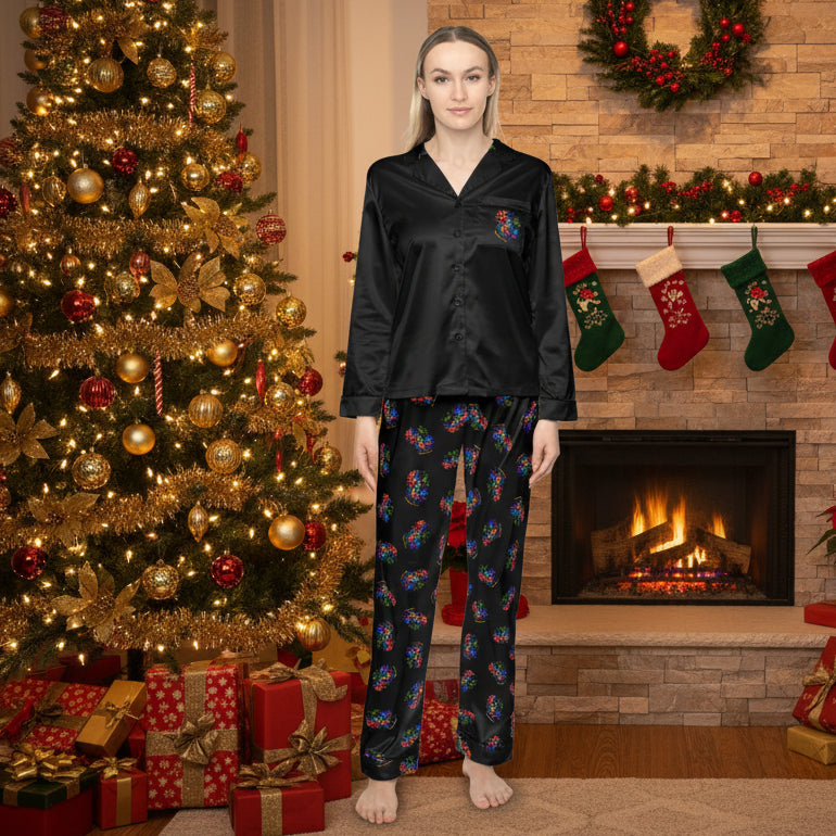 Born to Shine – Midnight Rooster Satin Pajama Set