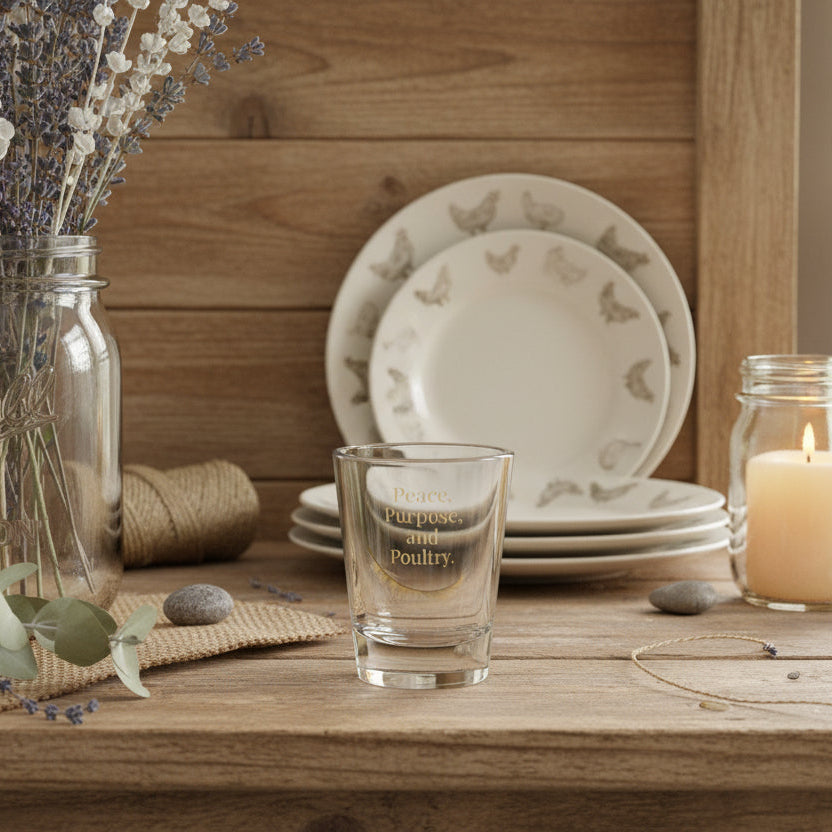 Peace, Purpose, and Poultry Shot Glass — 1.5oz Feather Design