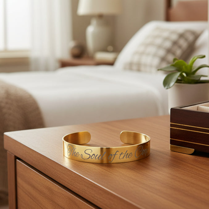 Gold bracelet with 'The Soul of the Coop' engraving on a white background