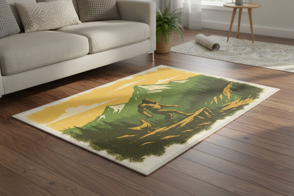 Illustration of a bigfoot and a chicken in a forest with mountains in the background