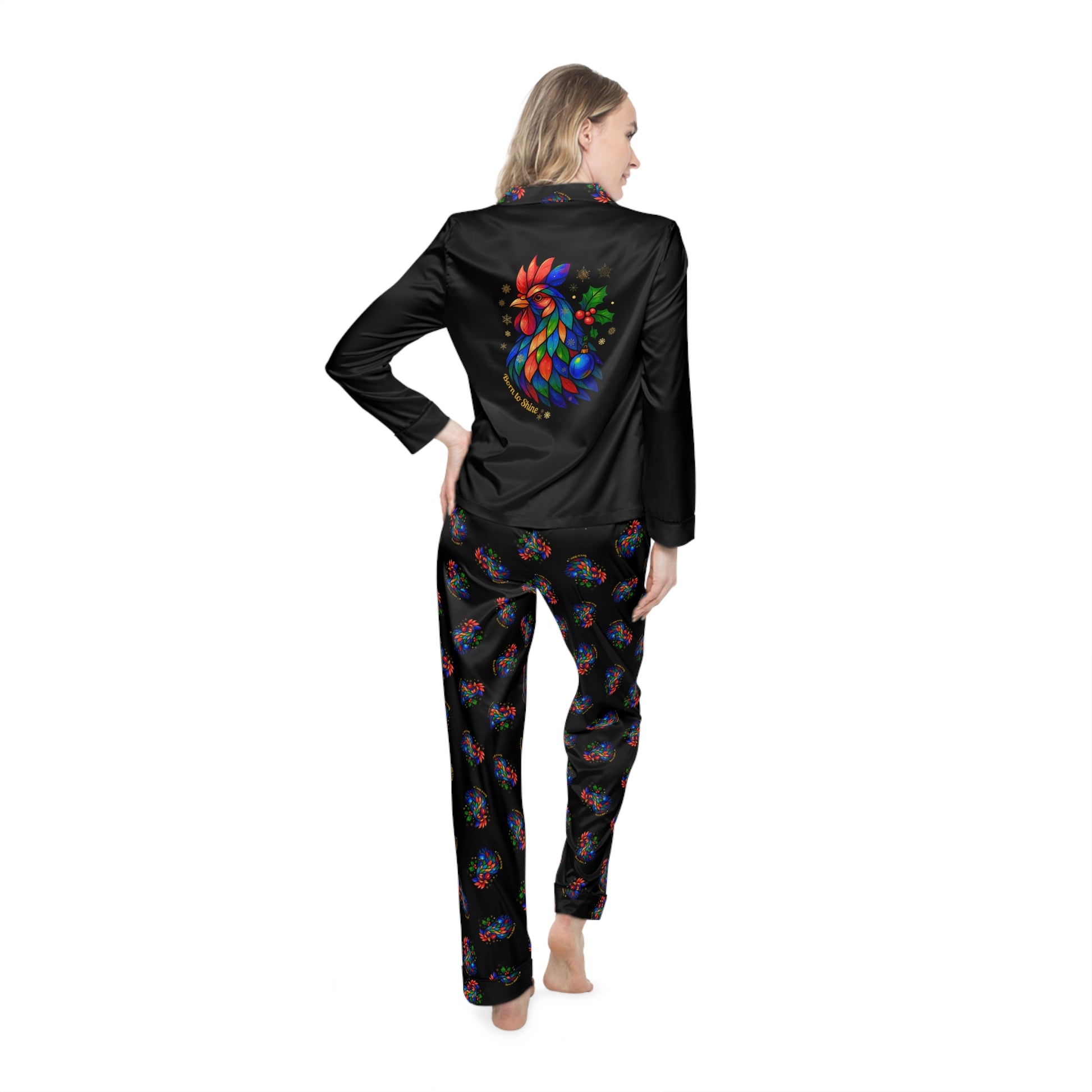 Born to Shine – Midnight Rooster Satin Pajama Set