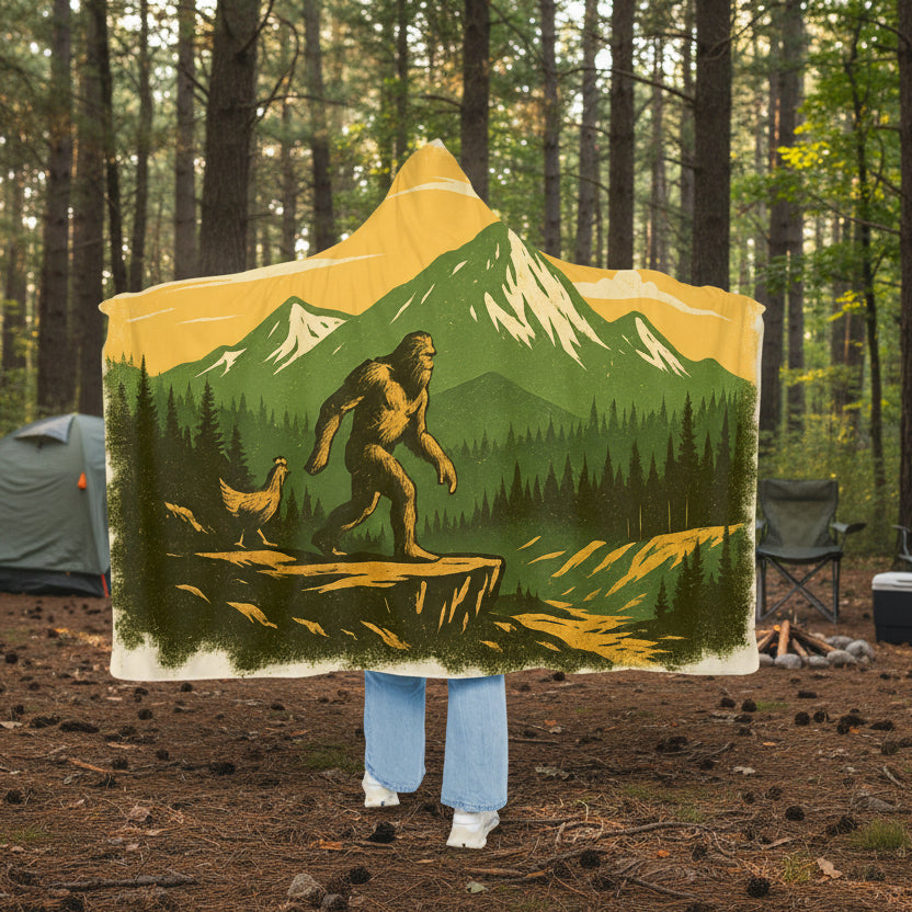 Person wearing a hooded blanket with a Sasquatch and mountain design.