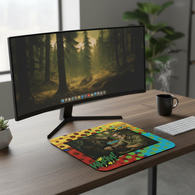 Comic-style mouse pad with a Bigfoot and a man on a colorful background