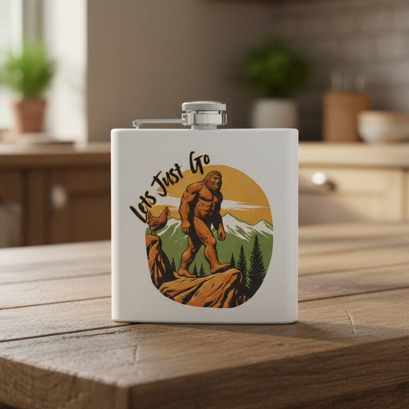 Flask with a Sasquatch design on a wooden table in a kitchen setting