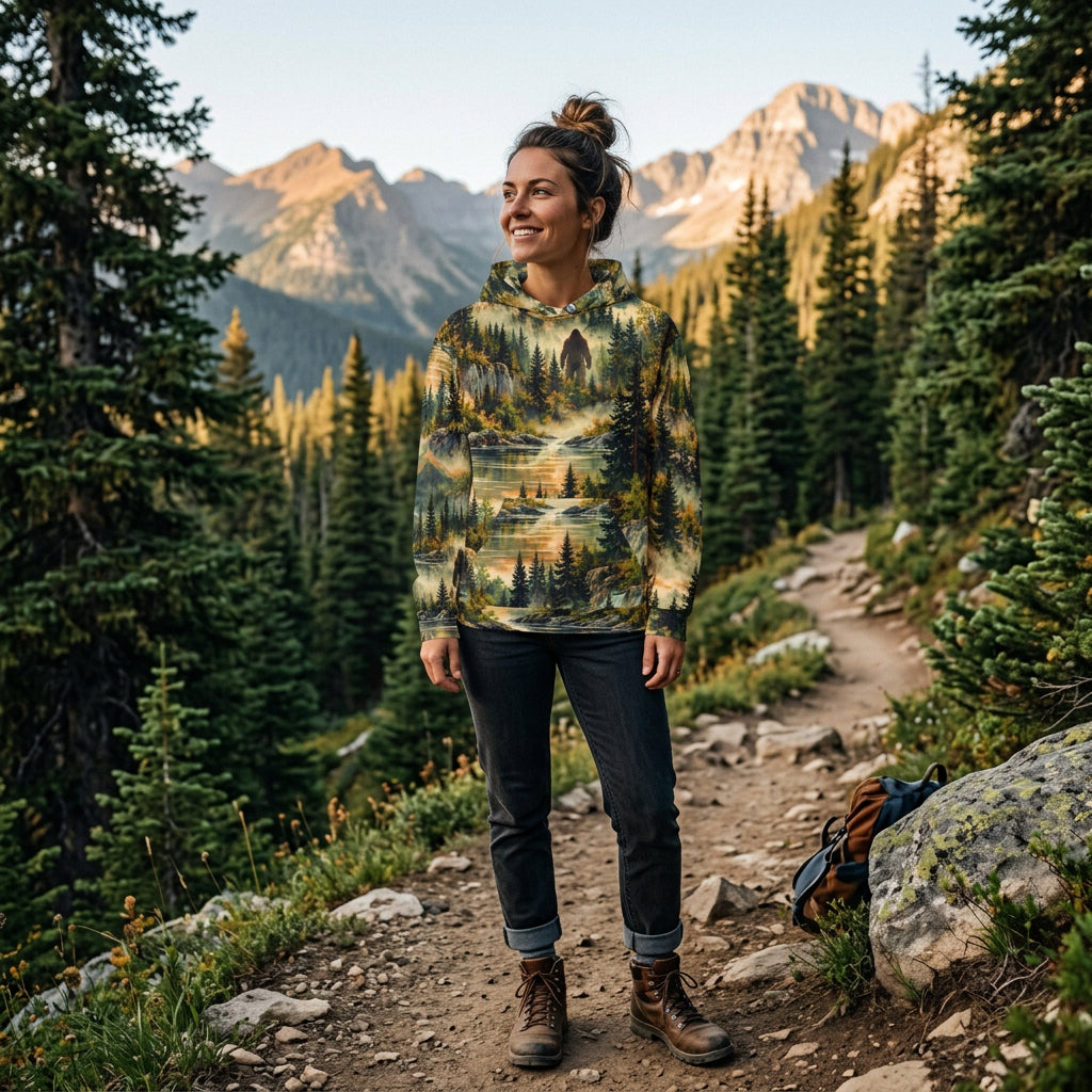 Into the Hidden Realm Bigfoot Premium All-Over Print Hoodie