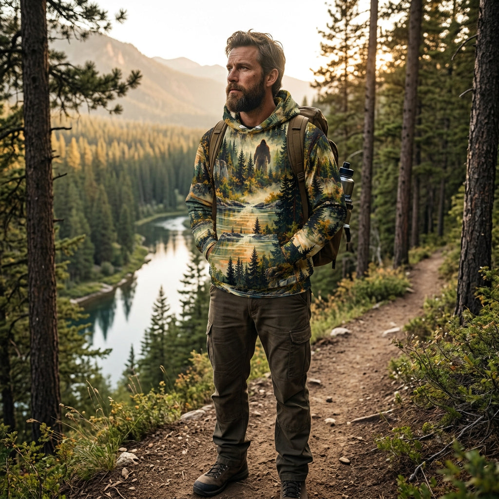 Into the Hidden Realm Bigfoot Premium All-Over Print Hoodie