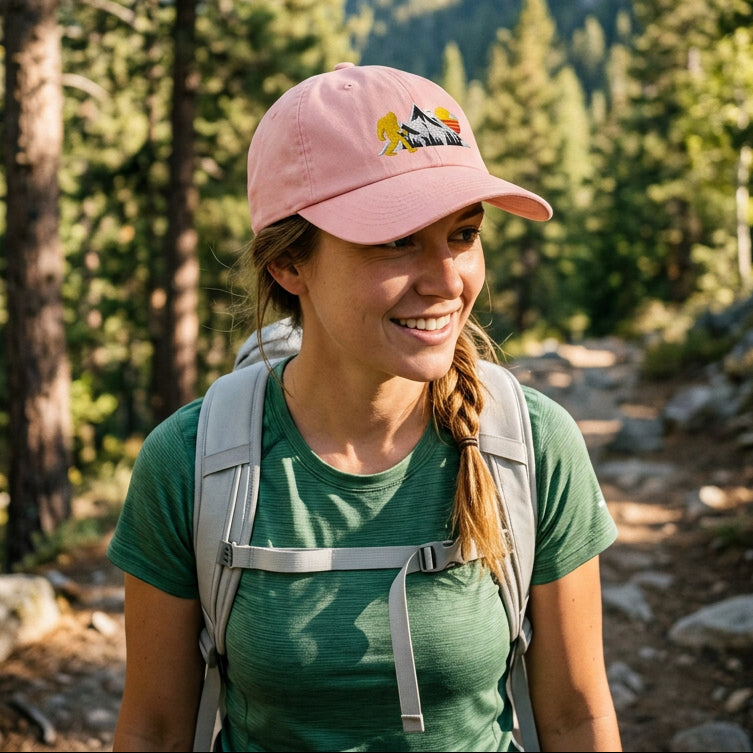 A dusty pink baseball cap featuring an embroidered graphic on the front of a yellow Bigfoot silhouette hiking in front of a snow-capped mountain and a red and yellow striped sunset.