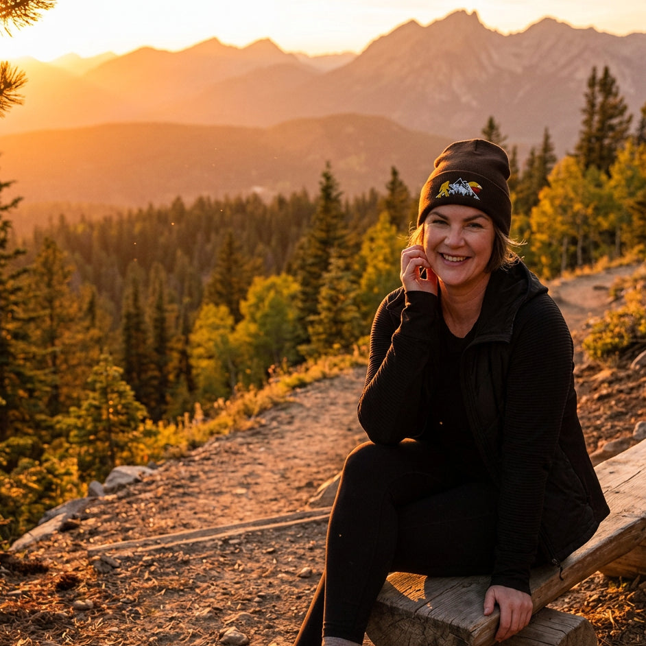 Person wearing a black beanie and jacket with a logo on a beige background